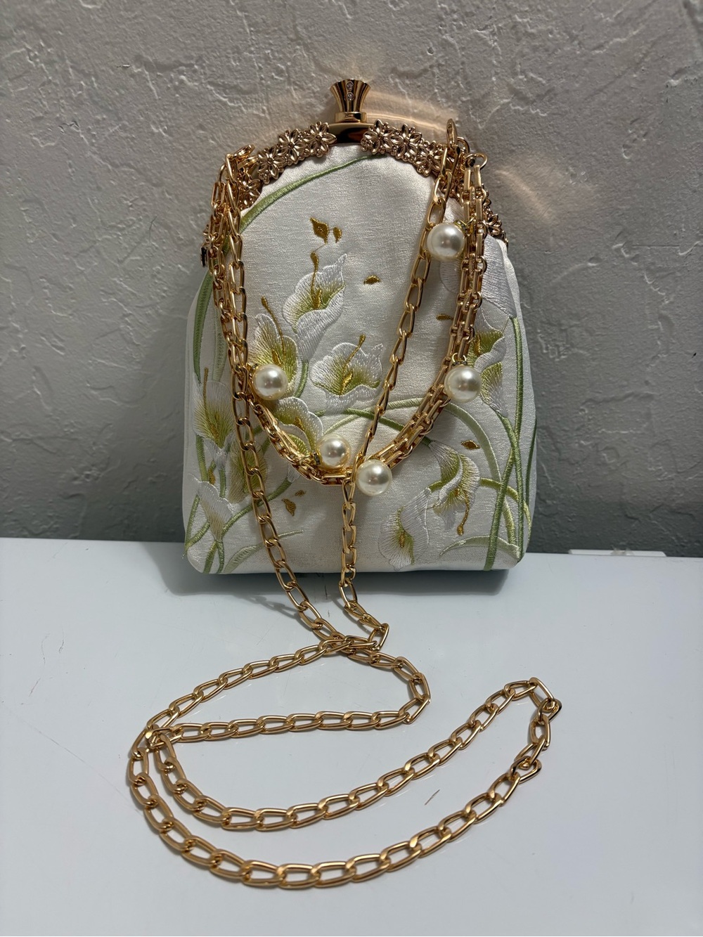 Embroidered Ivory Floral Pearl-Accent Shoulder Bag